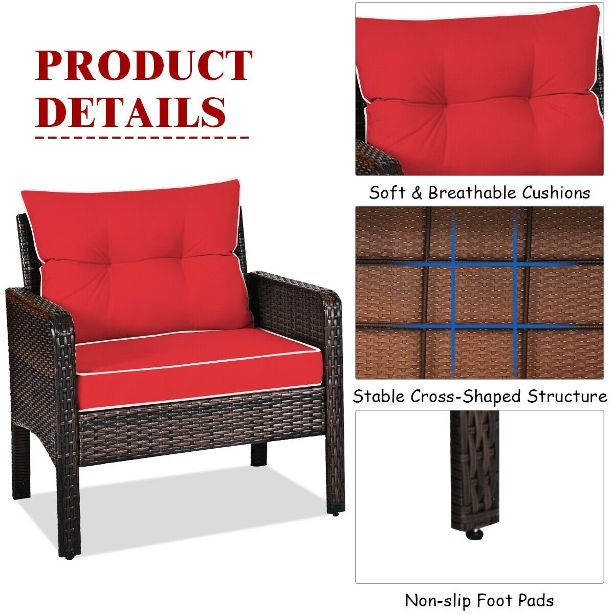 3 Pcs Outdoor Patio Rattan Conversation Set with Seat Cushions, Red Patio Conversation Sets   at Gallery Canada