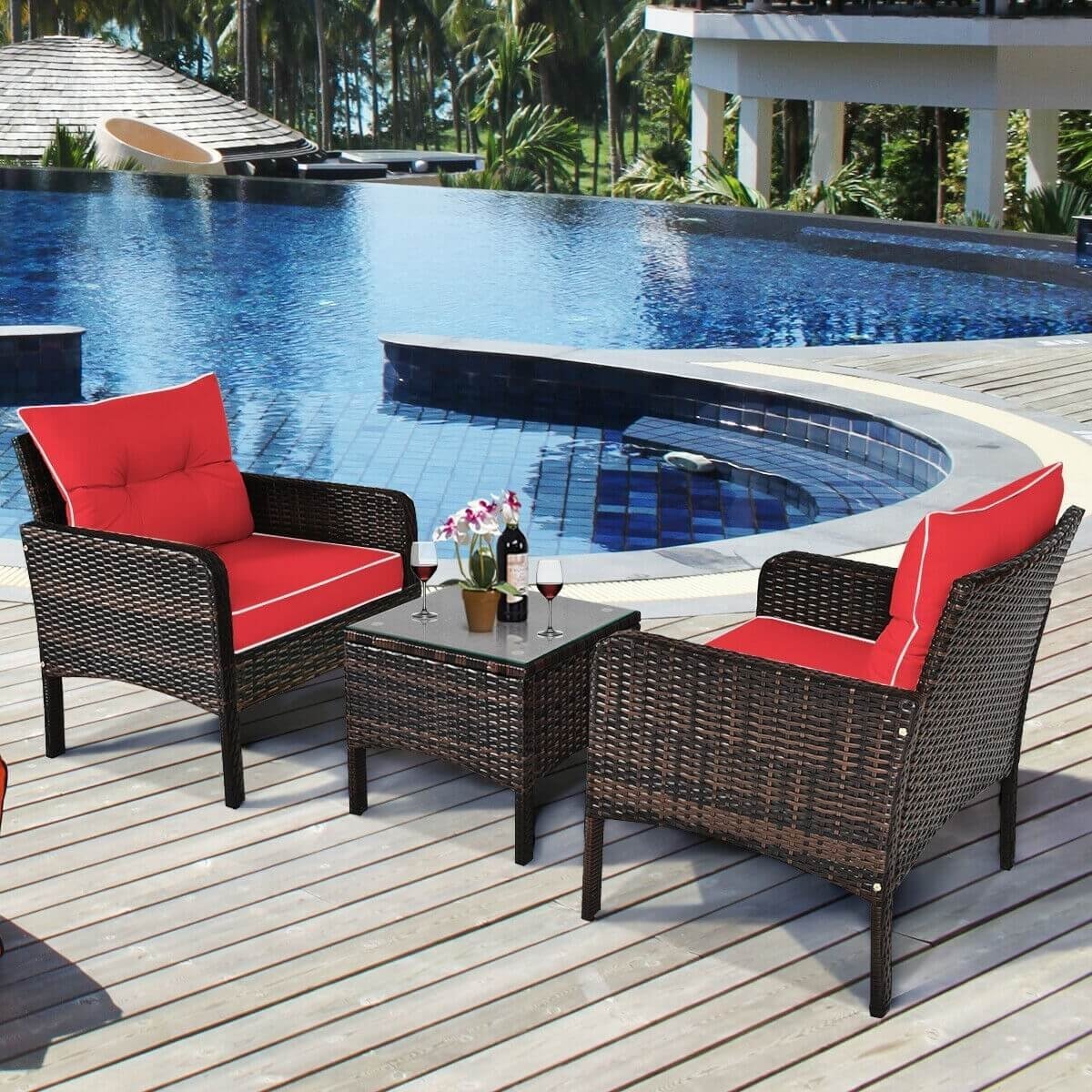 3 Pcs Outdoor Patio Rattan Conversation Set with Seat Cushions, Red Patio Conversation Sets   at Gallery Canada