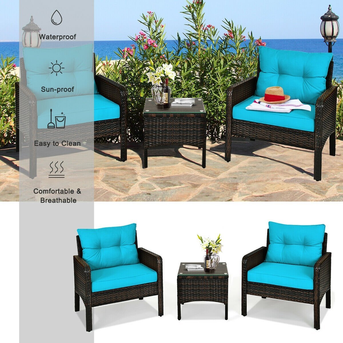 3 Pcs Outdoor Patio Rattan Conversation Set with Seat Cushions, Turquoise Patio Conversation Sets   at Gallery Canada