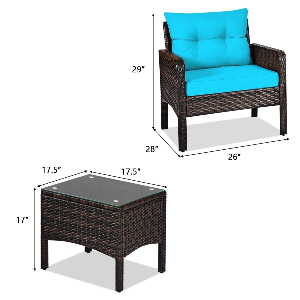 3 Pcs Outdoor Patio Rattan Conversation Set with Seat Cushions, Turquoise Patio Conversation Sets   at Gallery Canada