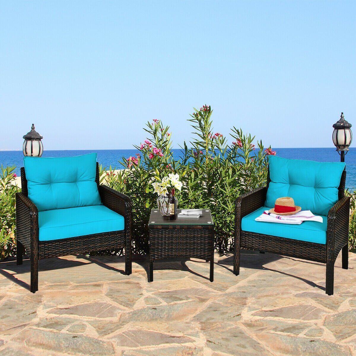 3 Pcs Outdoor Patio Rattan Conversation Set with Seat Cushions, Turquoise Patio Conversation Sets   at Gallery Canada