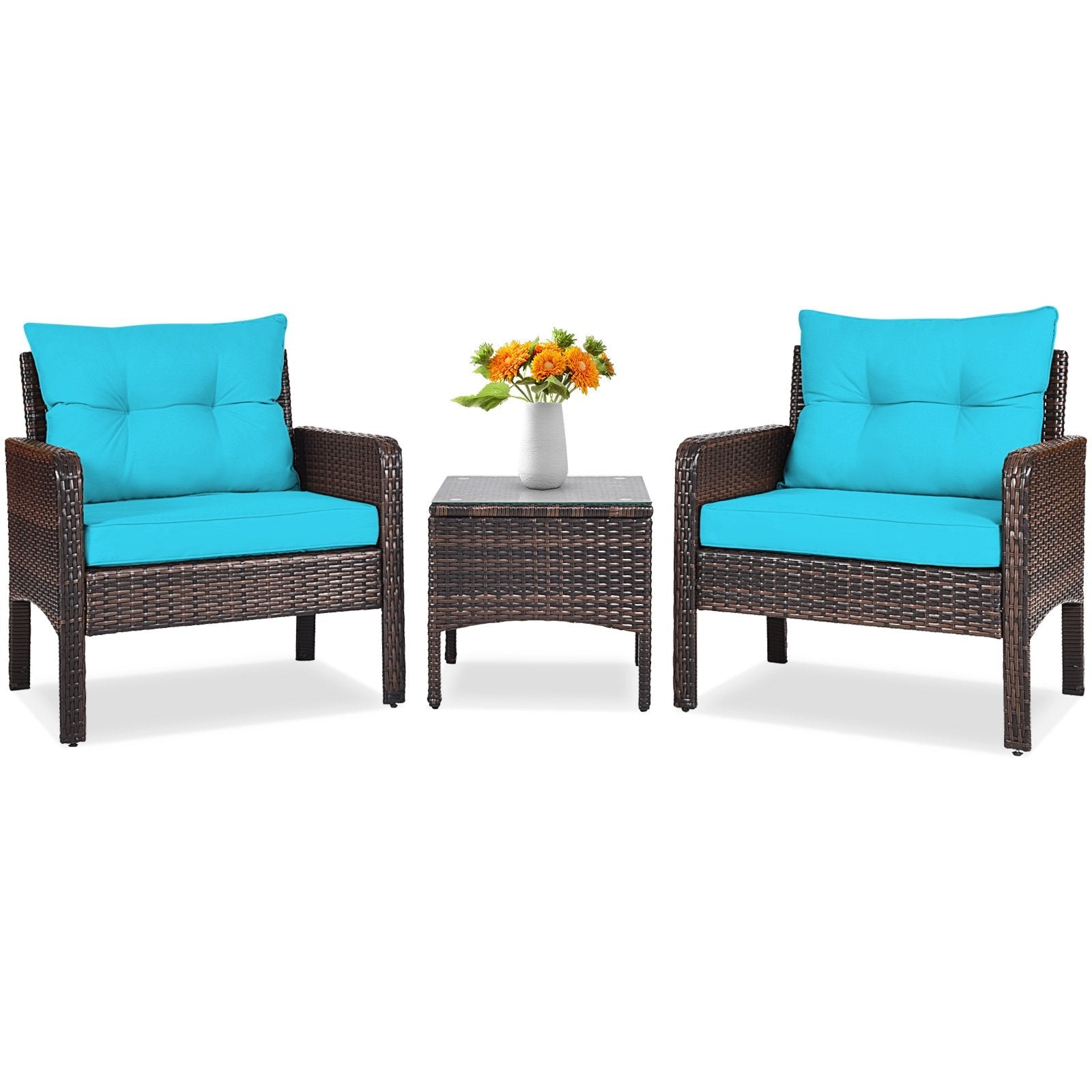 3 Pcs Outdoor Patio Rattan Conversation Set with Seat Cushions, Turquoise Patio Conversation Sets   at Gallery Canada