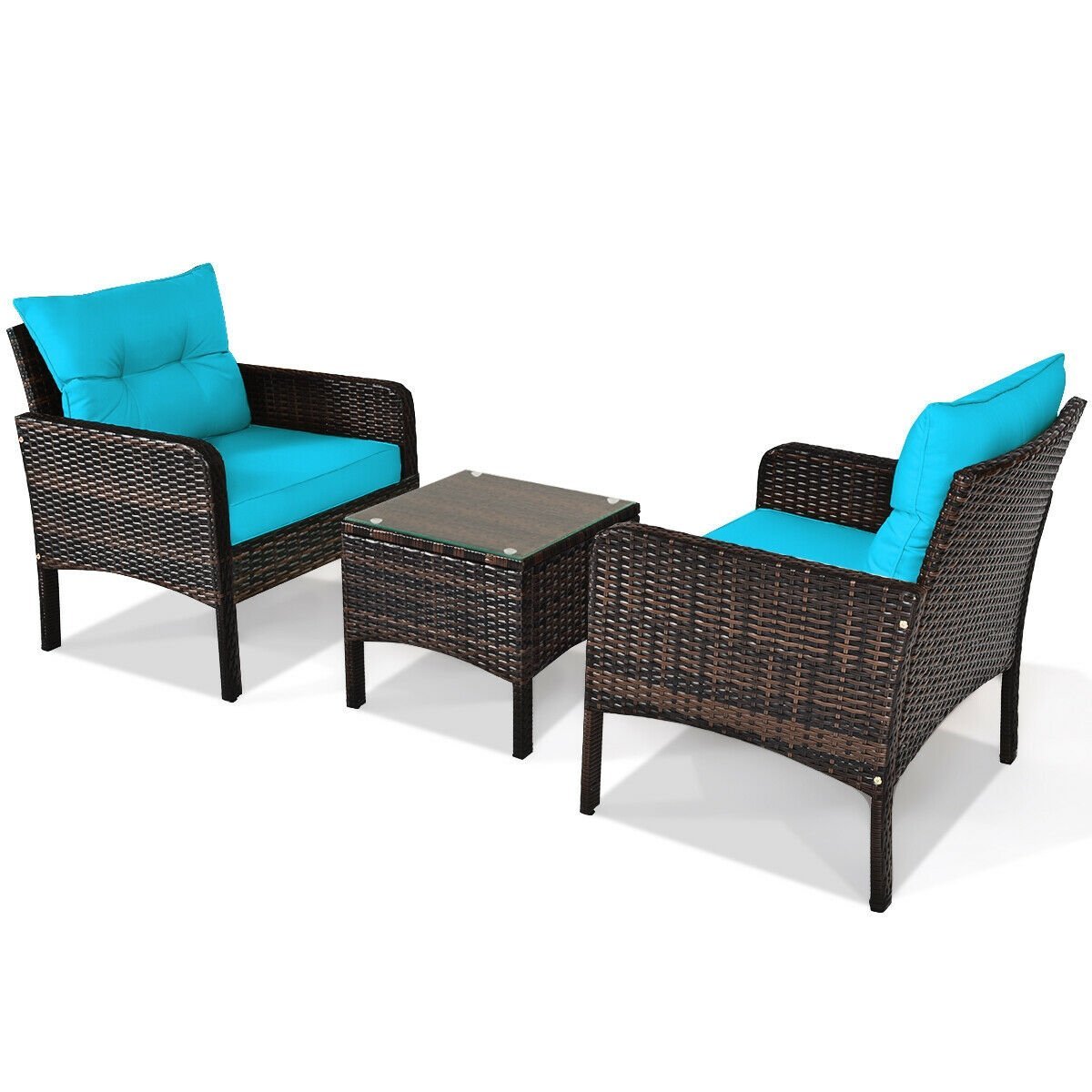 3 Pcs Outdoor Patio Rattan Conversation Set with Seat Cushions, Turquoise Patio Conversation Sets   at Gallery Canada