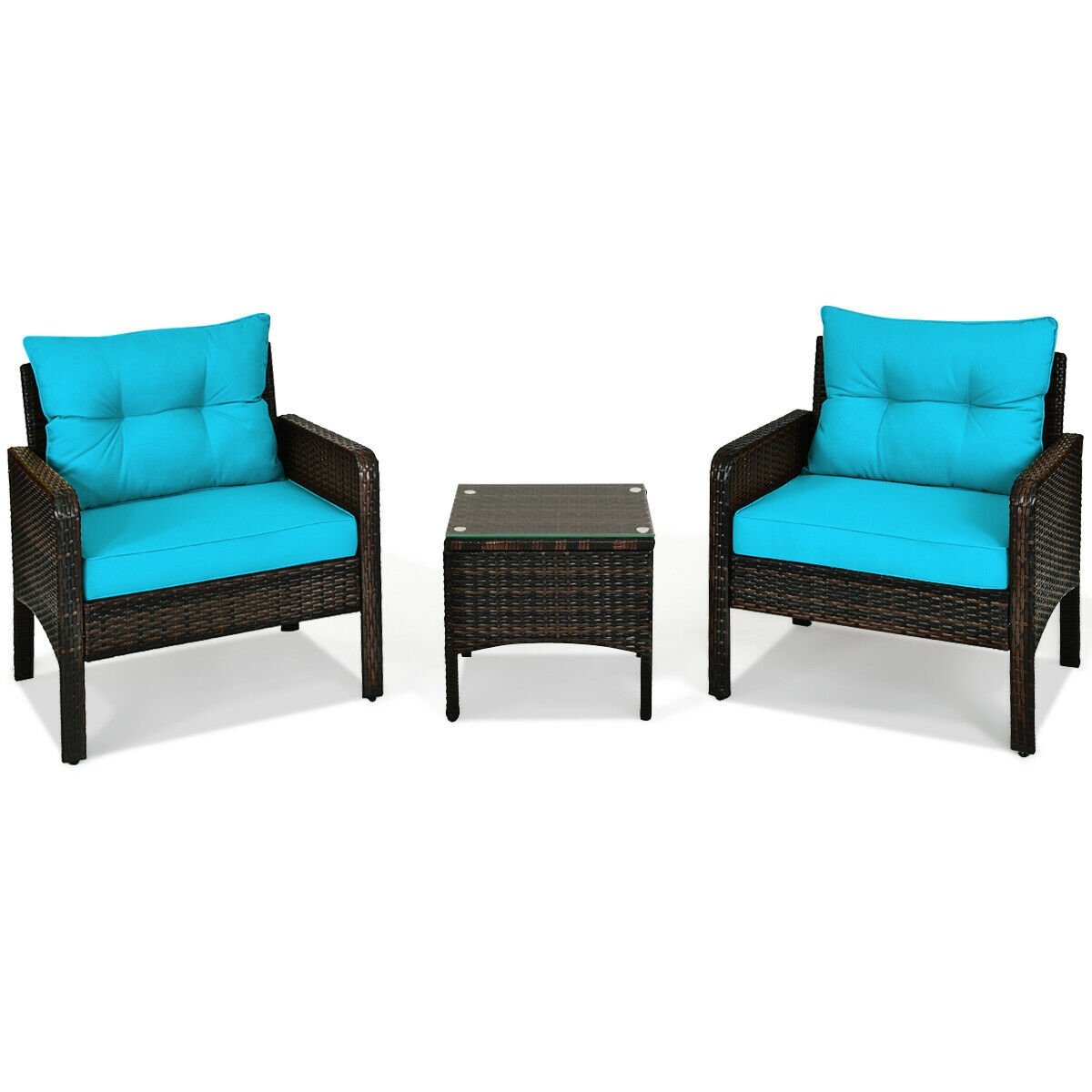 3 Pcs Outdoor Patio Rattan Conversation Set with Seat Cushions, Turquoise Patio Conversation Sets   at Gallery Canada