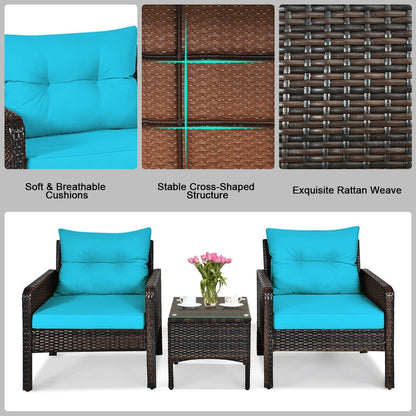 3 Pcs Outdoor Patio Rattan Conversation Set with Seat Cushions, Turquoise Patio Conversation Sets   at Gallery Canada