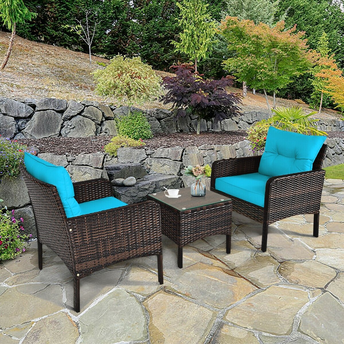 3 Pcs Outdoor Patio Rattan Conversation Set with Seat Cushions, Turquoise Patio Conversation Sets   at Gallery Canada