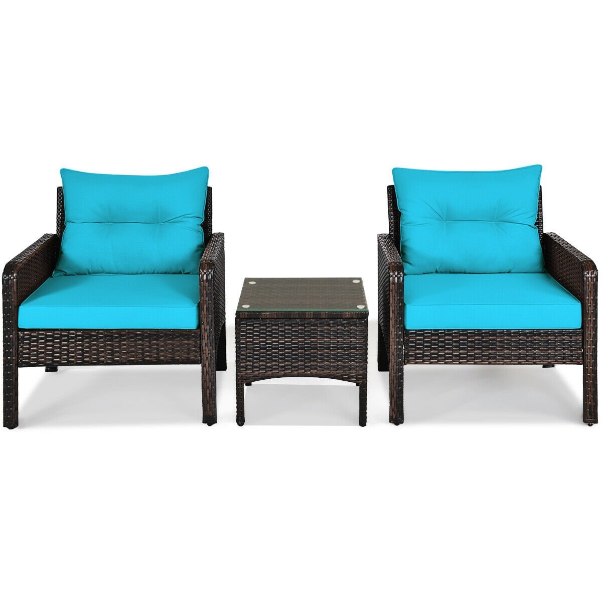 3 Pcs Outdoor Patio Rattan Conversation Set with Seat Cushions, Turquoise Patio Conversation Sets   at Gallery Canada