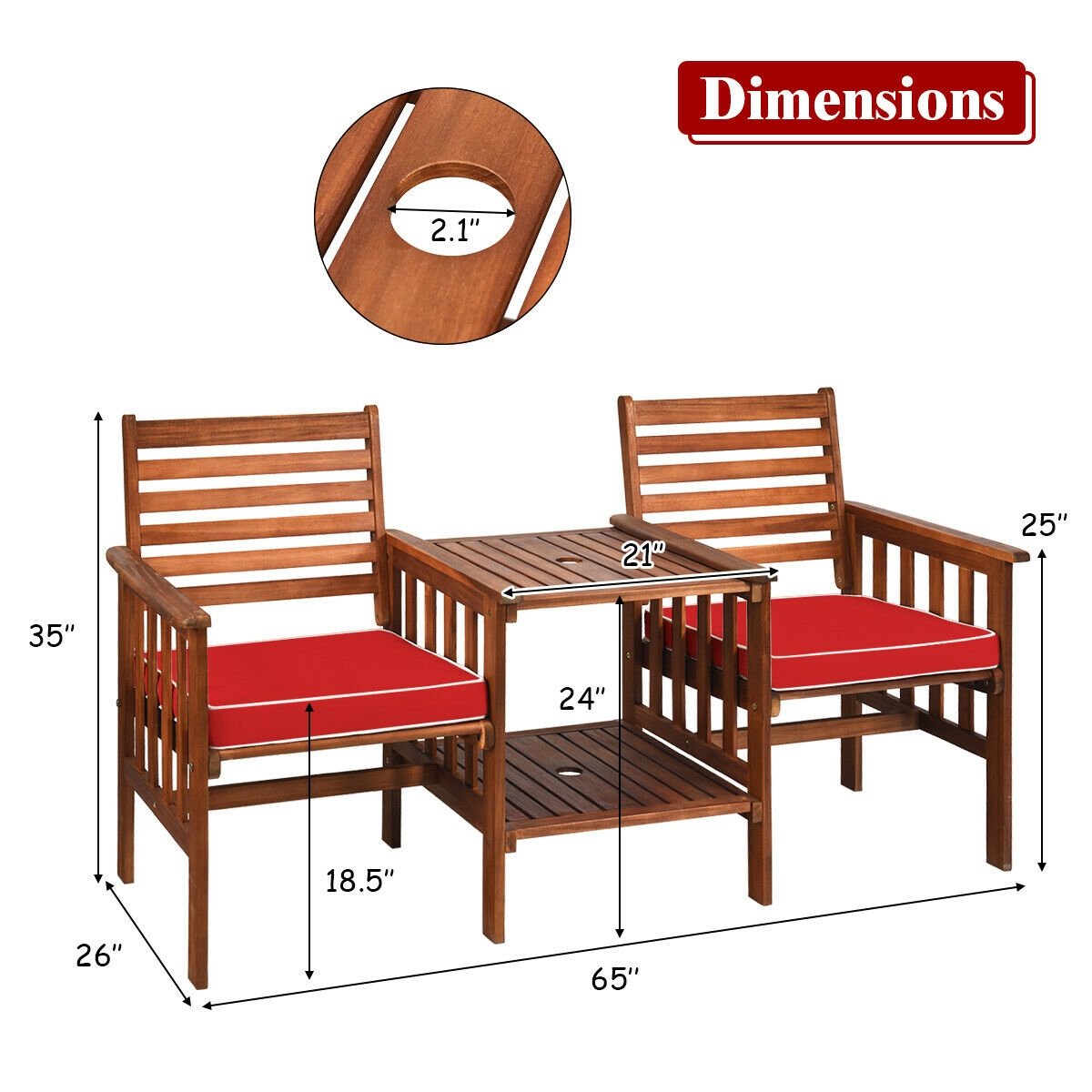 3 pcs Outdoor Patio Table Chairs Set Acacia Wood Loveseat, Red Patio Conversation Sets   at Gallery Canada