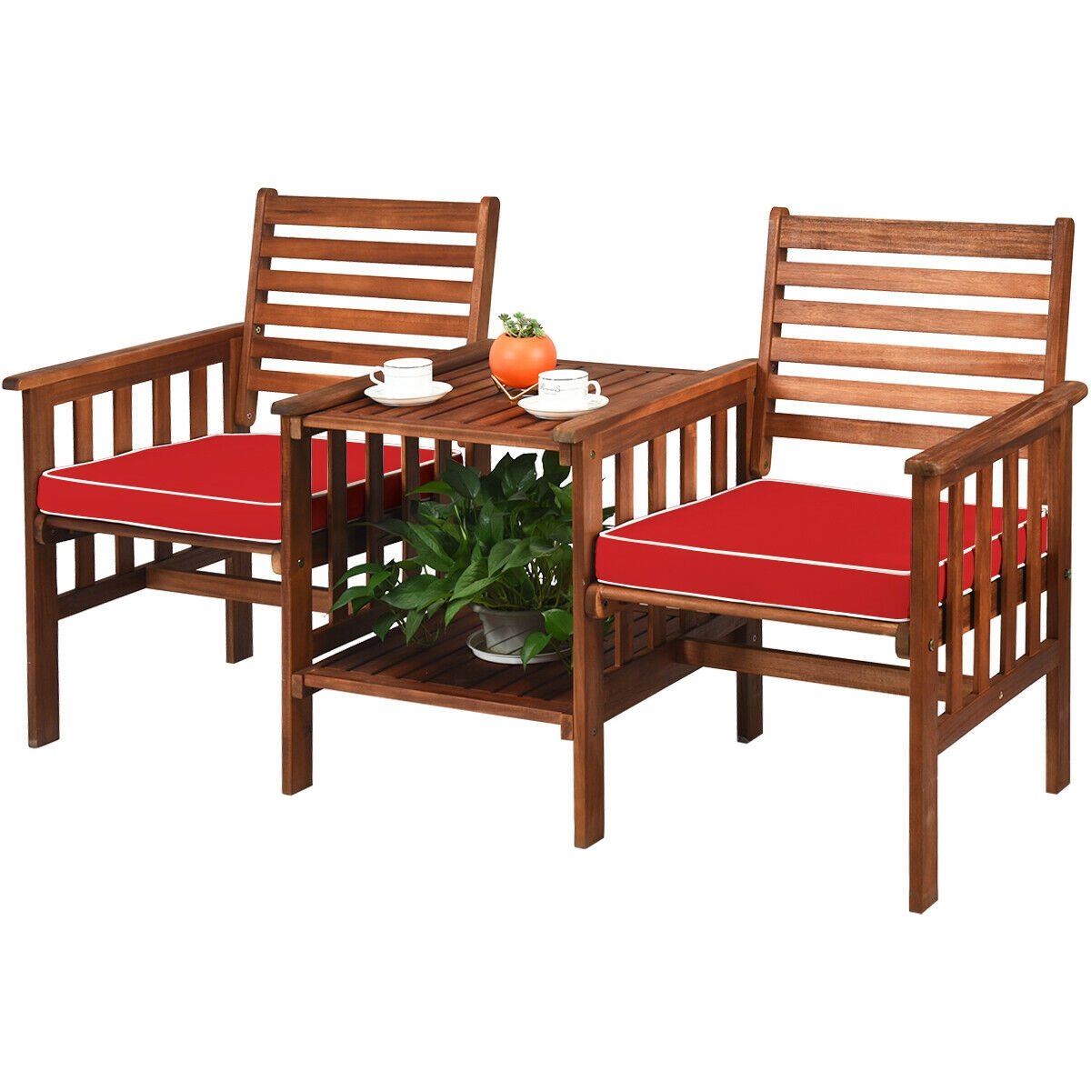 3 pcs Outdoor Patio Table Chairs Set Acacia Wood Loveseat, Red Patio Conversation Sets   at Gallery Canada