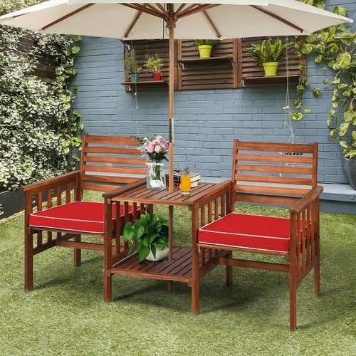 3 pcs Outdoor Patio Table Chairs Set Acacia Wood Loveseat, Red