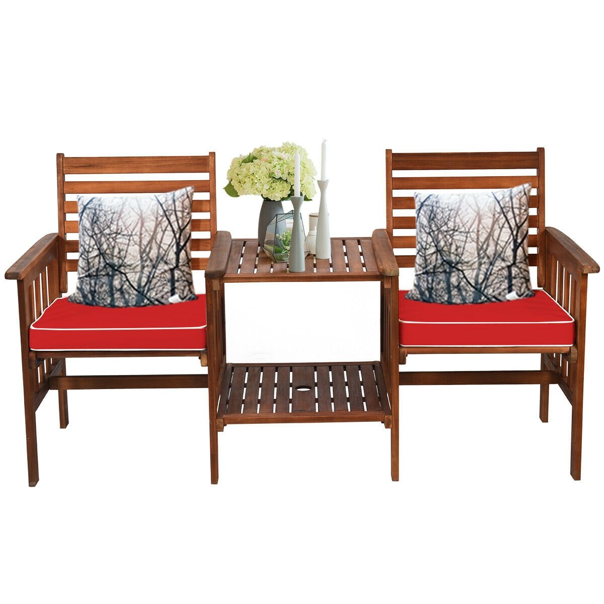 3 pcs Outdoor Patio Table Chairs Set Acacia Wood Loveseat, Red Patio Conversation Sets   at Gallery Canada