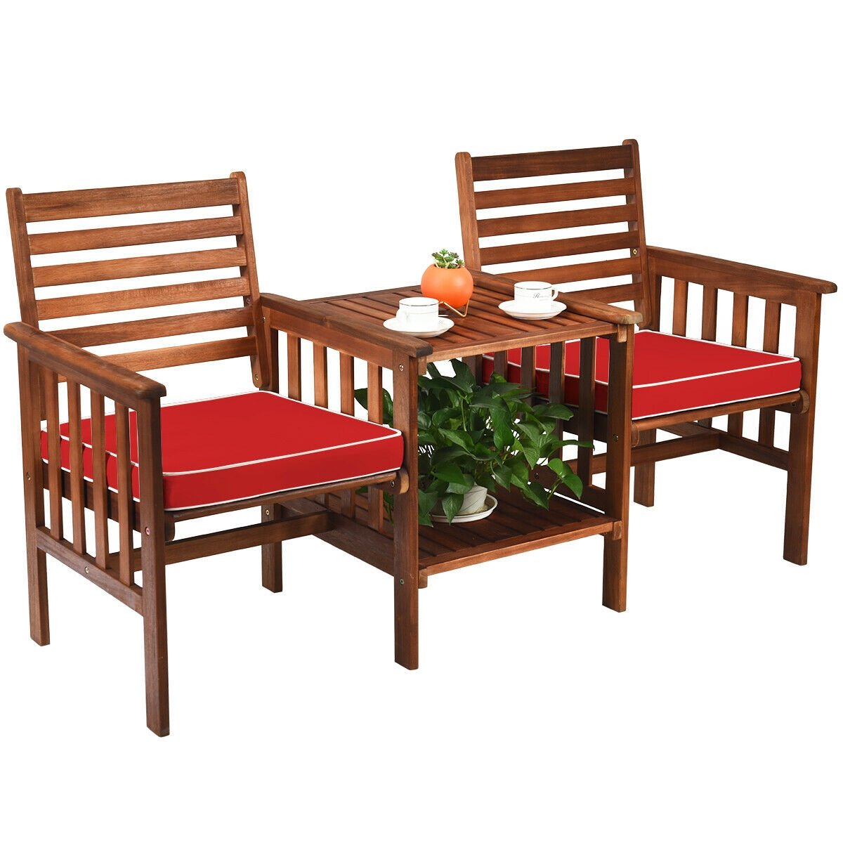 3 pcs Outdoor Patio Table Chairs Set Acacia Wood Loveseat, Red Patio Conversation Sets   at Gallery Canada