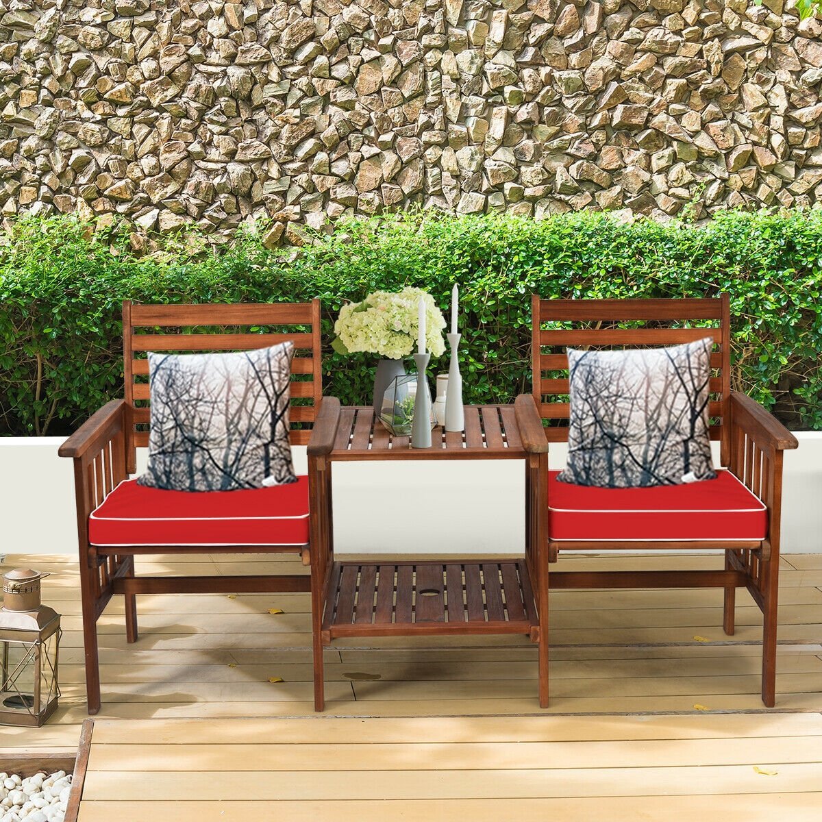 3 pcs Outdoor Patio Table Chairs Set Acacia Wood Loveseat, Red Patio Conversation Sets   at Gallery Canada