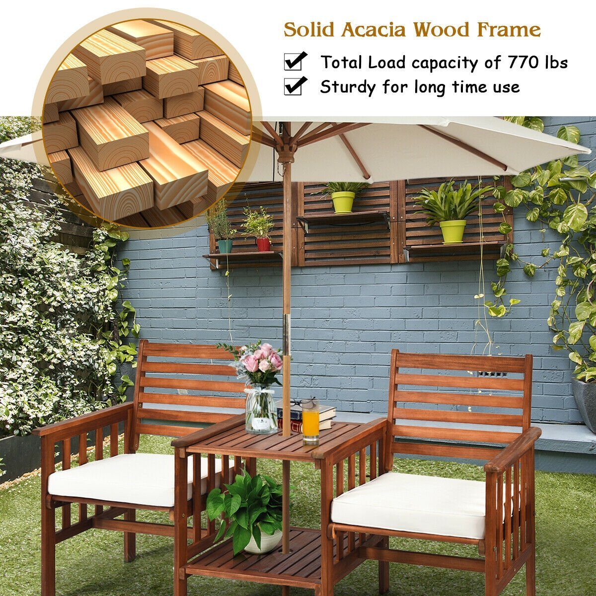 3 pcs Outdoor Patio Table Chairs Set Acacia Wood Loveseat, White Patio Conversation Sets   at Gallery Canada