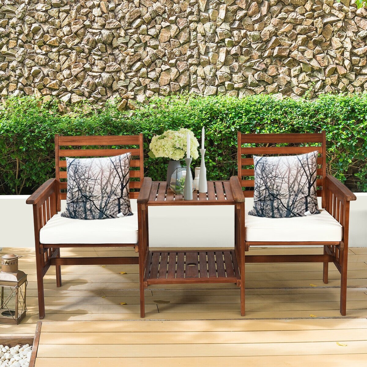 3 pcs Outdoor Patio Table Chairs Set Acacia Wood Loveseat, White Patio Conversation Sets   at Gallery Canada