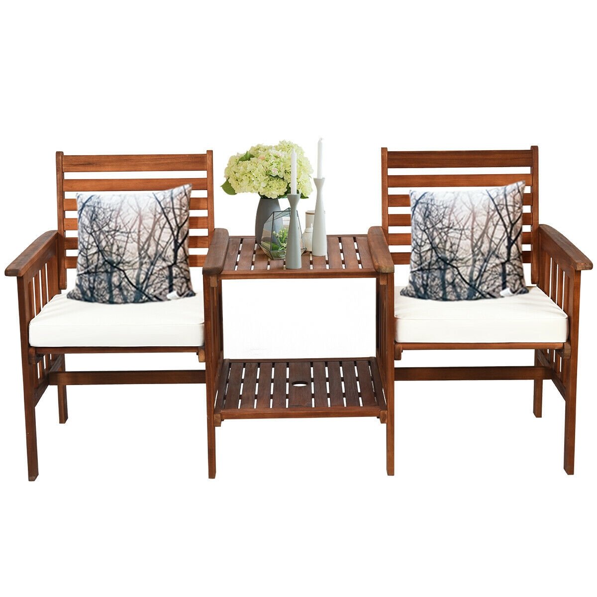 3 pcs Outdoor Patio Table Chairs Set Acacia Wood Loveseat, White Patio Conversation Sets   at Gallery Canada