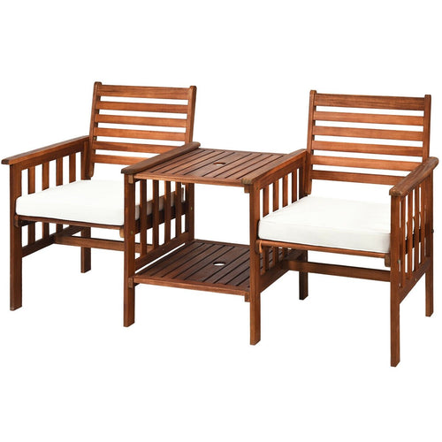 3 pcs Outdoor Patio Table Chairs Set Acacia Wood Loveseat, White