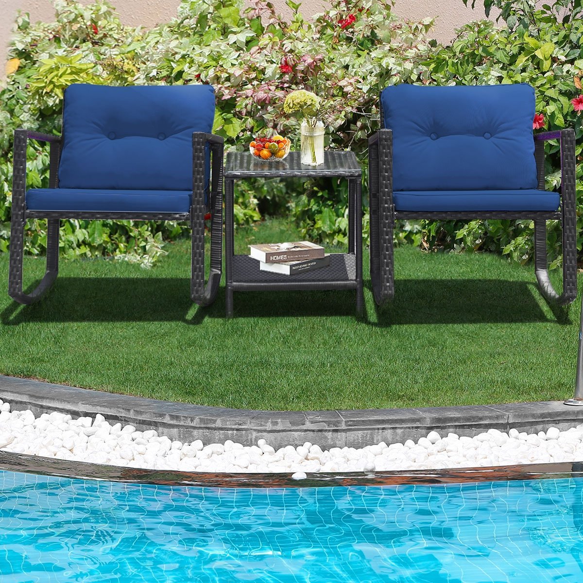 3 Pcs Patio Rattan Set Rocking Chair Cushioned Sofa Garden Furniture, Navy Patio Conversation Sets   at Gallery Canada