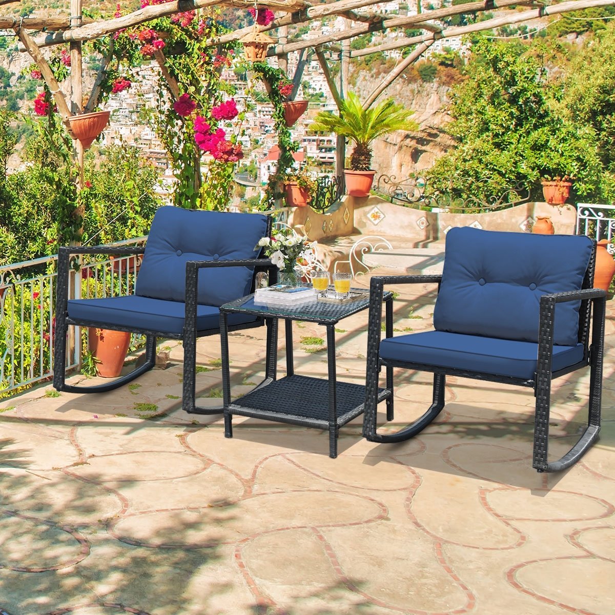 3 Pcs Patio Rattan Set Rocking Chair Cushioned Sofa Garden Furniture, Navy Patio Conversation Sets   at Gallery Canada