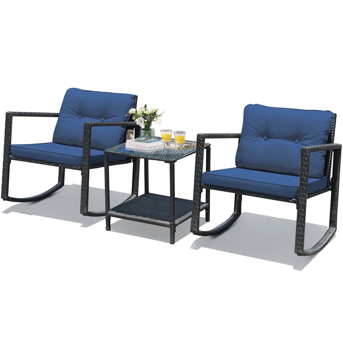 3 Pcs Patio Rattan Set Rocking Chair Cushioned Sofa Garden Furniture, Navy Patio Conversation Sets   at Gallery Canada