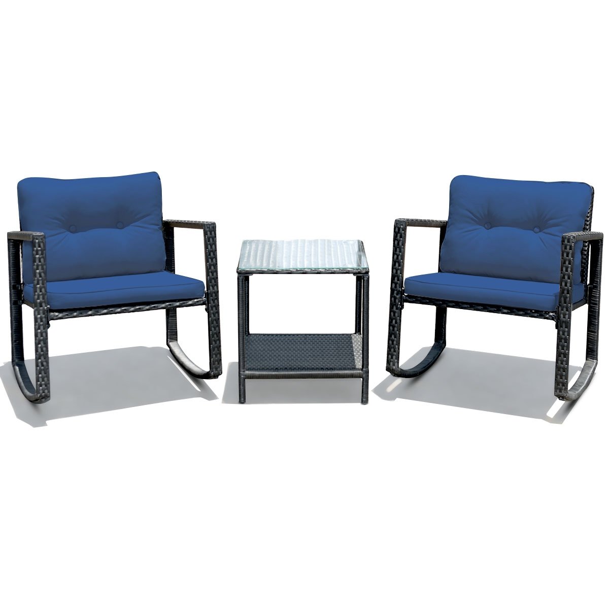 3 Pcs Patio Rattan Set Rocking Chair Cushioned Sofa Garden Furniture, Navy Patio Conversation Sets   at Gallery Canada