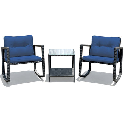 3 Pcs Patio Rattan Set Rocking Chair Cushioned Sofa Garden Furniture, Navy Patio Conversation Sets   at Gallery Canada