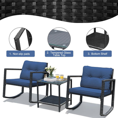 3 Pcs Patio Rattan Set Rocking Chair Cushioned Sofa Garden Furniture, Navy Patio Conversation Sets   at Gallery Canada