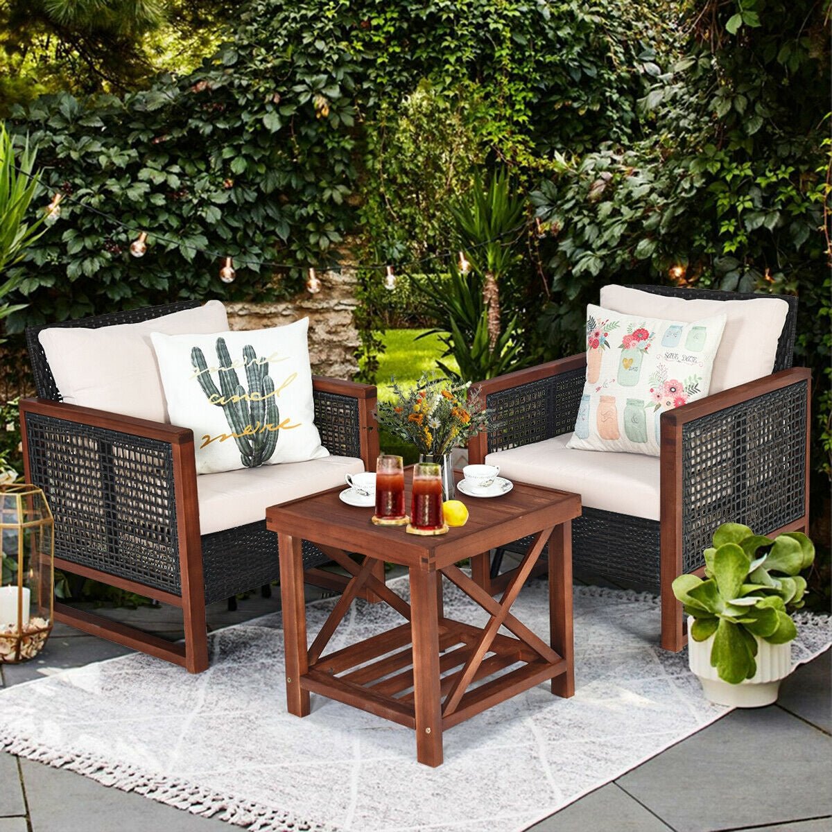 3 Pcs Patio Wicker Furniture Sofa Set with Wooden Frame and Cushion, Beige Patio Conversation Sets   at Gallery Canada