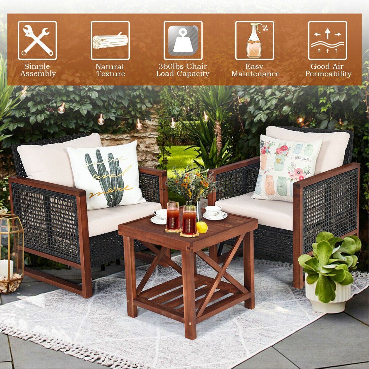 3 Pcs Patio Wicker Furniture Sofa Set with Wooden Frame and Cushion, Beige Patio Conversation Sets   at Gallery Canada