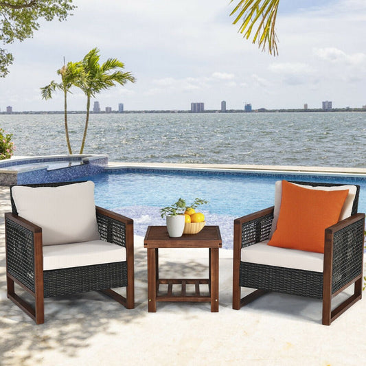 3 Pcs Patio Wicker Furniture Sofa Set with Wooden Frame and Cushion, Beige Patio Conversation Sets Beige  at Gallery Canada