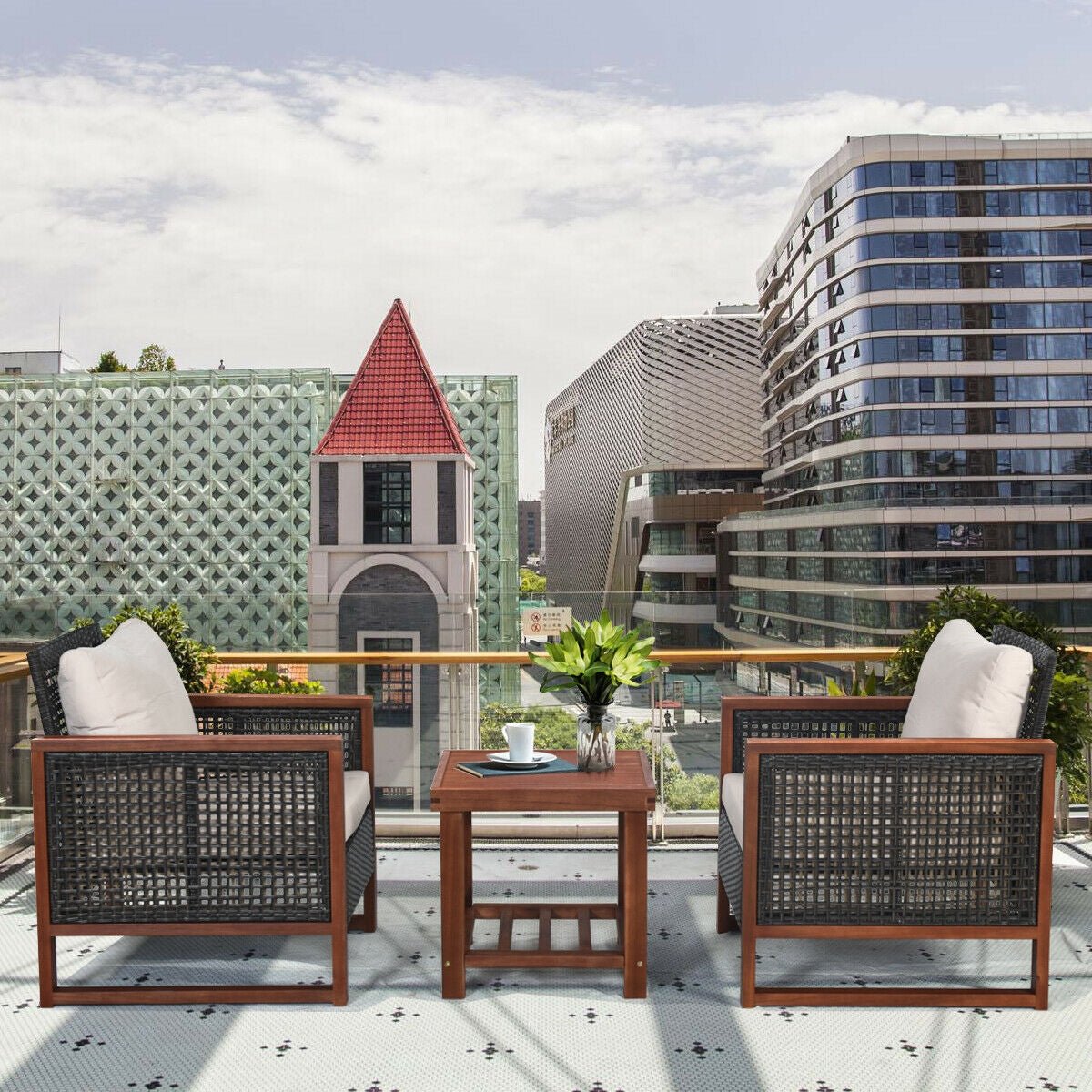 3 Pcs Patio Wicker Furniture Sofa Set with Wooden Frame and Cushion, Beige Patio Conversation Sets   at Gallery Canada