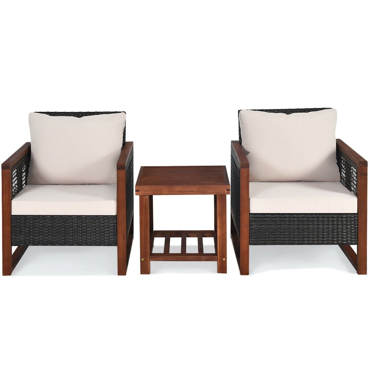 3 Pcs Patio Wicker Furniture Sofa Set with Wooden Frame and Cushion, Beige Patio Conversation Sets   at Gallery Canada