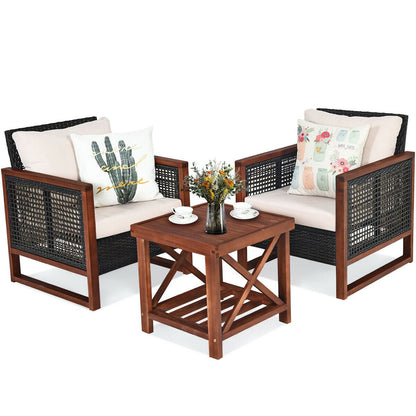 3 Pcs Patio Wicker Furniture Sofa Set with Wooden Frame and Cushion, Beige Patio Conversation Sets   at Gallery Canada