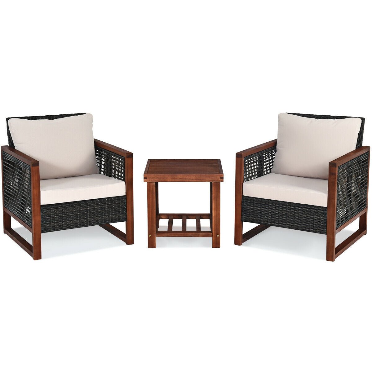 3 Pcs Patio Wicker Furniture Sofa Set with Wooden Frame and Cushion, Beige Patio Conversation Sets Beige  at Gallery Canada