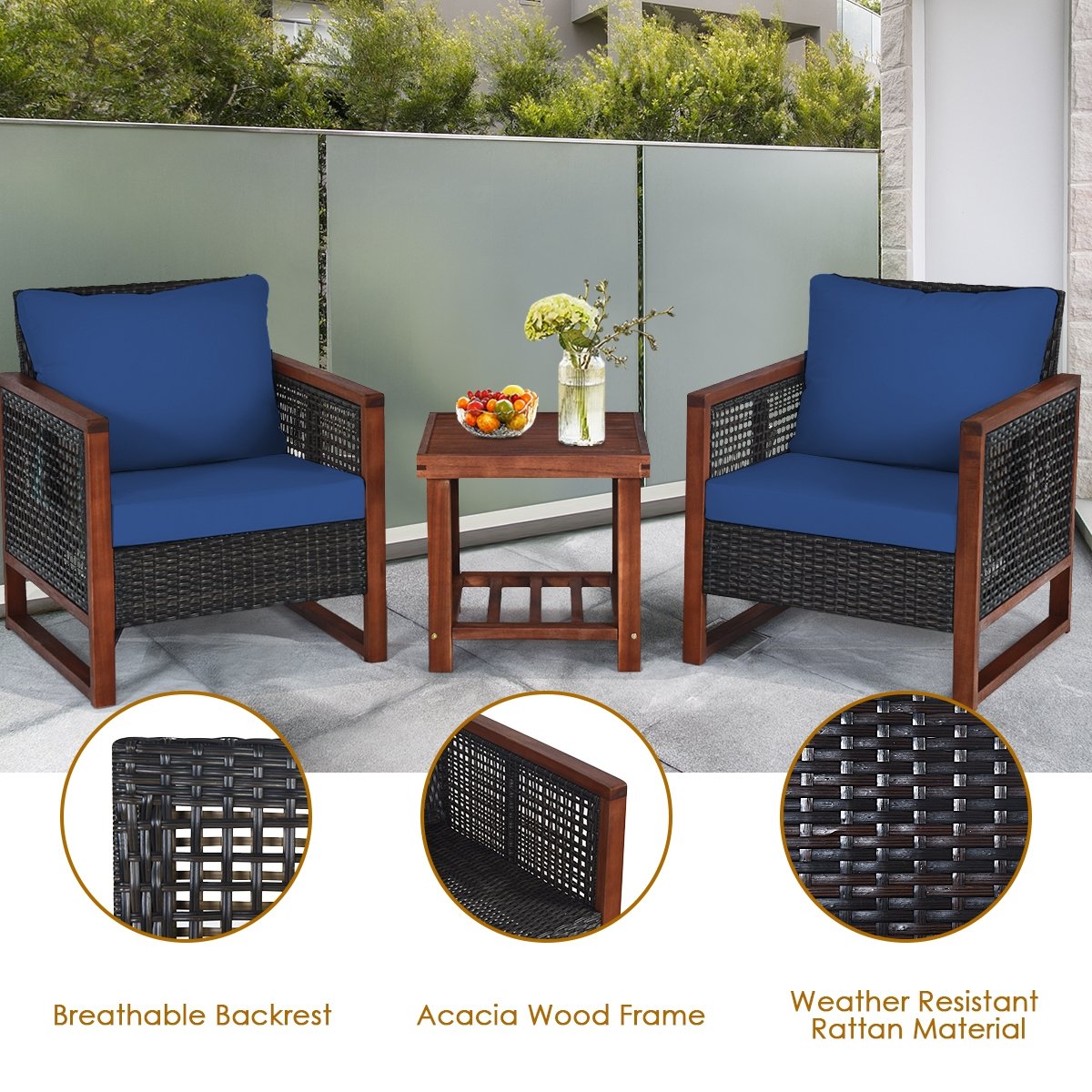 3 Pcs Patio Wicker Furniture Sofa Set with Wooden Frame and Cushion, Navy Patio Conversation Sets   at Gallery Canada