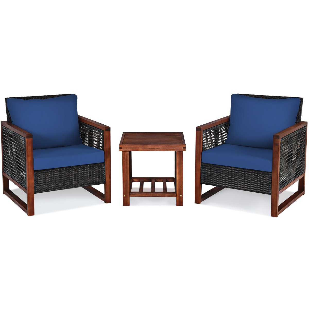 3 Pcs Patio Wicker Furniture Sofa Set with Wooden Frame and Cushion, Navy Patio Conversation Sets   at Gallery Canada