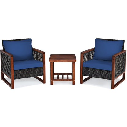 3 Pcs Patio Wicker Furniture Sofa Set with Wooden Frame and Cushion, Navy Patio Conversation Sets   at Gallery Canada