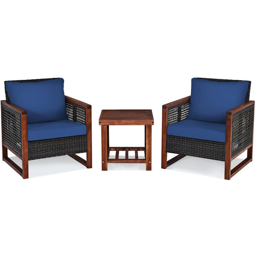 3 Pcs Patio Wicker Furniture Sofa Set with Wooden Frame and Cushion, Navy