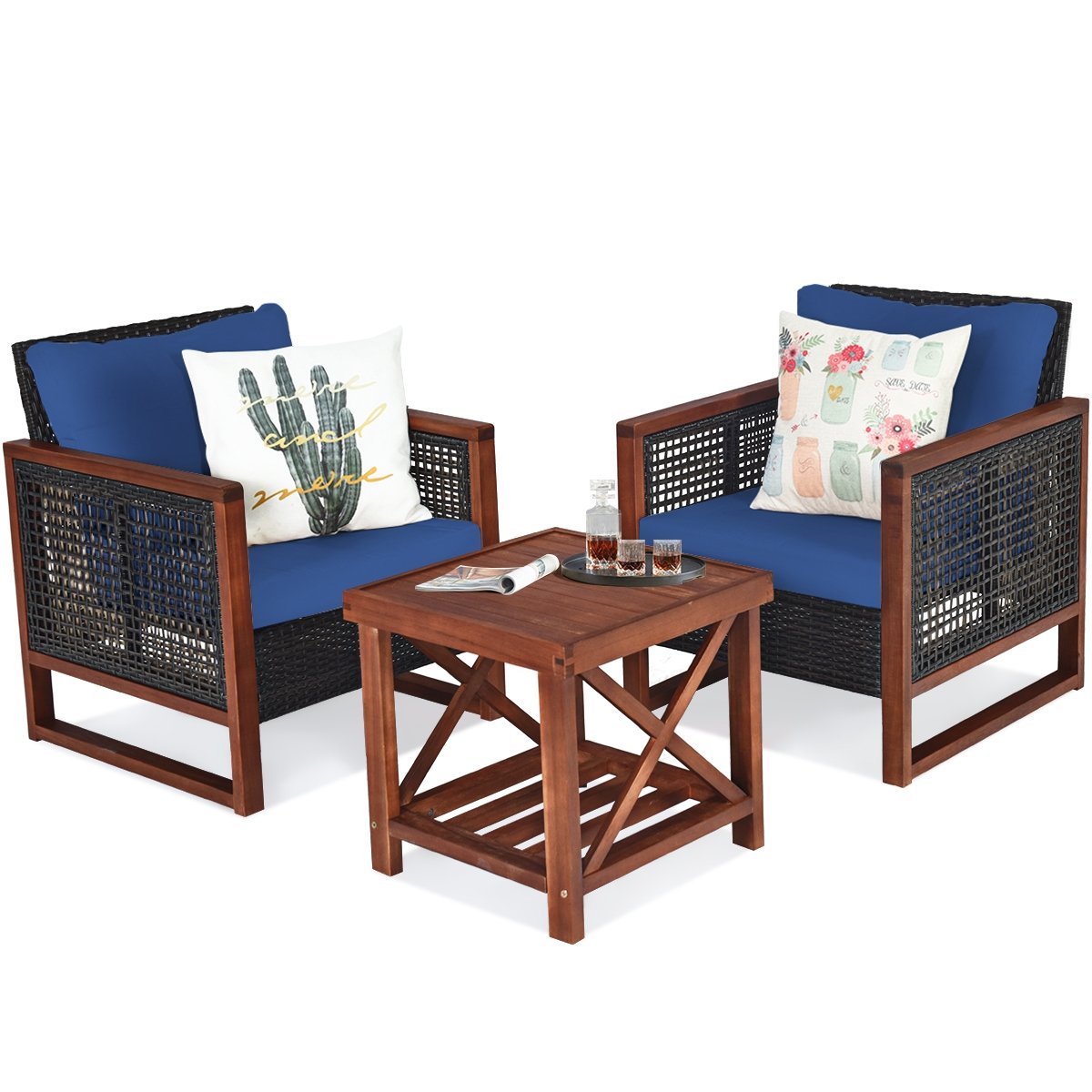 3 Pcs Patio Wicker Furniture Sofa Set with Wooden Frame and Cushion, Navy Patio Conversation Sets   at Gallery Canada