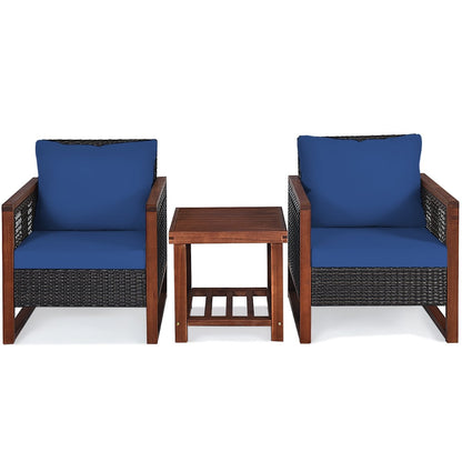 3 Pcs Patio Wicker Furniture Sofa Set with Wooden Frame and Cushion, Navy Patio Conversation Sets   at Gallery Canada