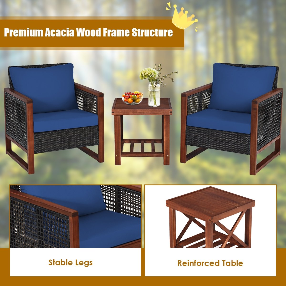 3 Pcs Patio Wicker Furniture Sofa Set with Wooden Frame and Cushion, Navy Patio Conversation Sets   at Gallery Canada