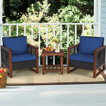 3 Pcs Patio Wicker Furniture Sofa Set with Wooden Frame and Cushion, Navy Patio Conversation Sets   at Gallery Canada