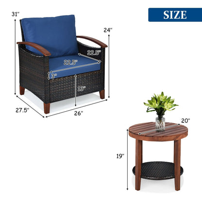 3 Pcs Solid Wood Frame Patio Rattan Furniture Set, Blue Patio Conversation Sets   at Gallery Canada