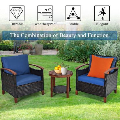 3 Pcs Solid Wood Frame Patio Rattan Furniture Set, Blue Patio Conversation Sets   at Gallery Canada