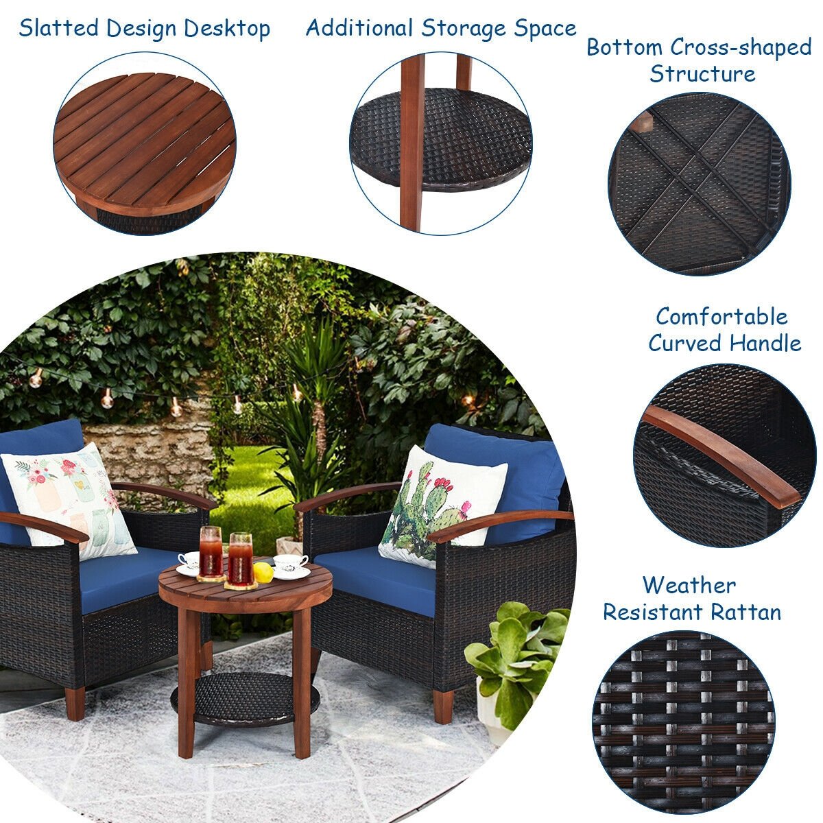 3 Pcs Solid Wood Frame Patio Rattan Furniture Set, Blue Patio Conversation Sets   at Gallery Canada