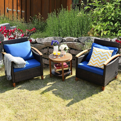 3 Pcs Solid Wood Frame Patio Rattan Furniture Set, Blue Patio Conversation Sets   at Gallery Canada