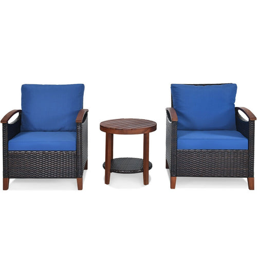 3 Pcs Solid Wood Frame Patio Rattan Furniture Set, Blue