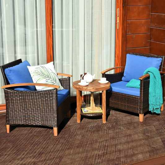 3 Pcs Solid Wood Frame Patio Rattan Furniture Set, Blue Patio Conversation Sets   at Gallery Canada