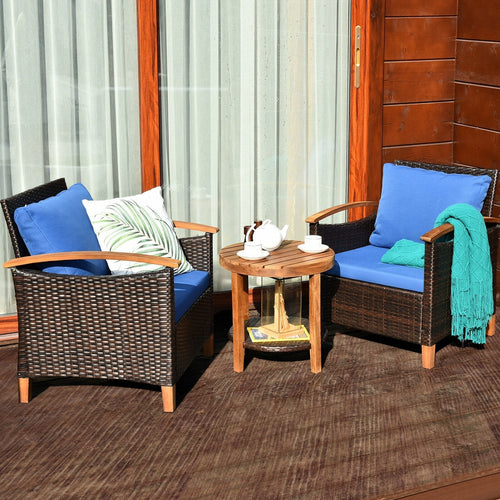 3 Pcs Solid Wood Frame Patio Rattan Furniture Set, Blue