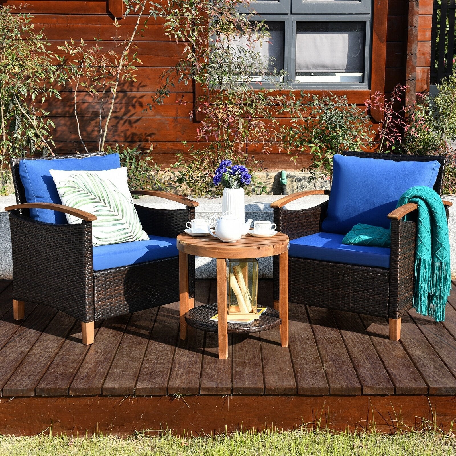 3 Pcs Solid Wood Frame Patio Rattan Furniture Set, Blue Patio Conversation Sets   at Gallery Canada